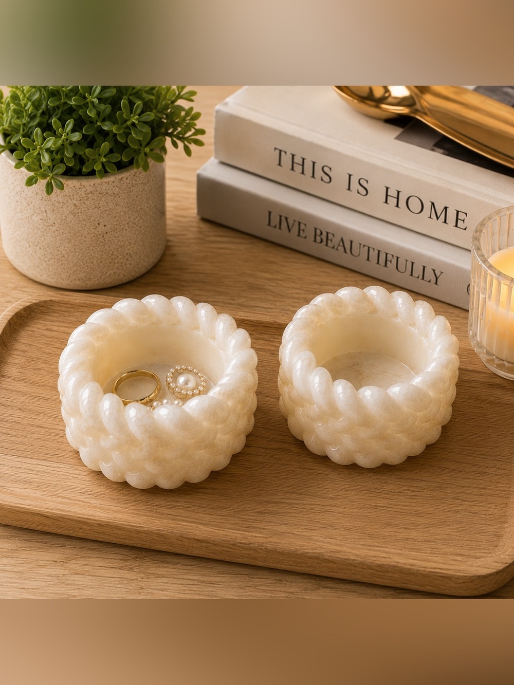 Braided Cream Marble Trinket Dish Set — Decorative Jewelry Bowls